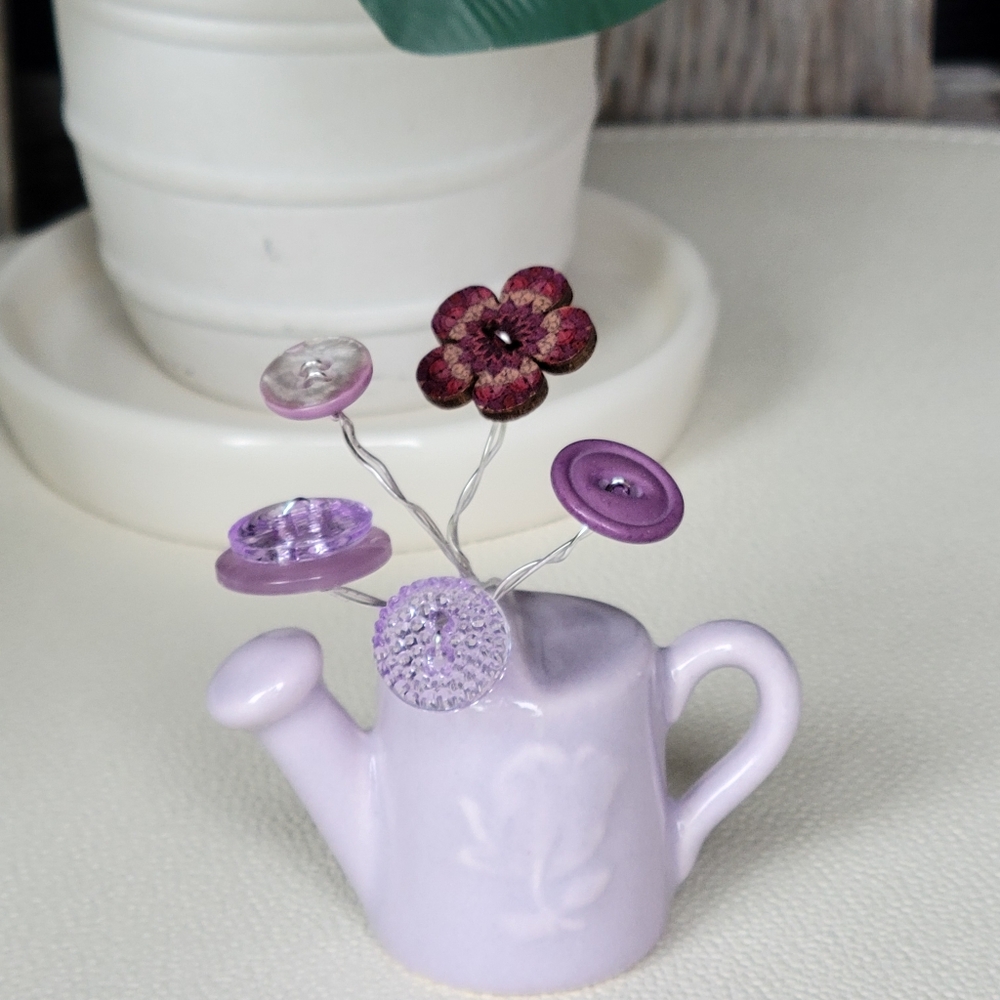 Hand-made Lavender Ceramic Watering Can Button Floral Bouquet